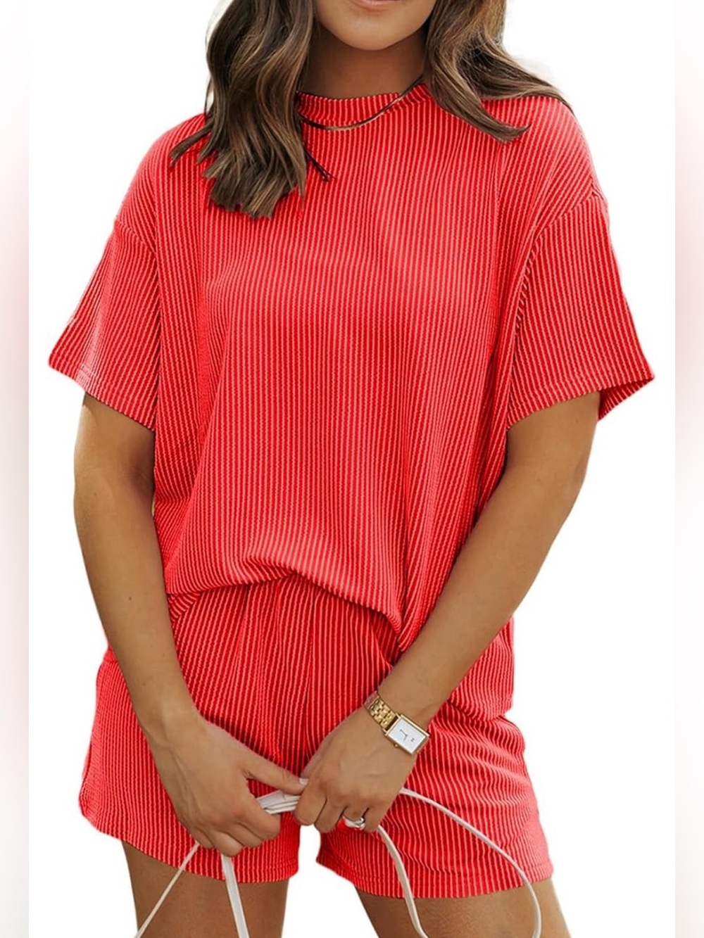 Women's Red Ribbed Short-Sleeve Top and Shorts Matching Set